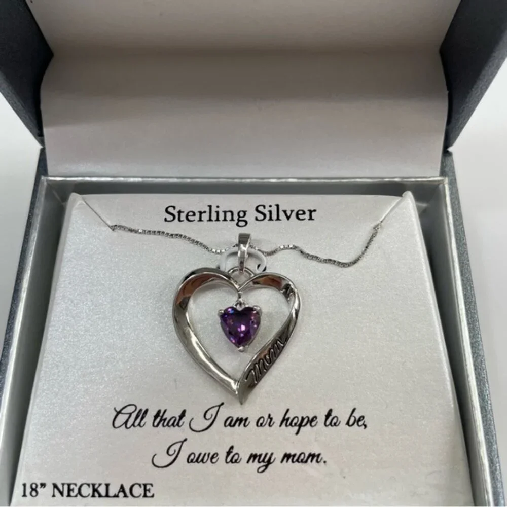 Timeless Amethyst Sterling Silver CZ Mom I Love You Heart Pendant - Picture 5 of 7